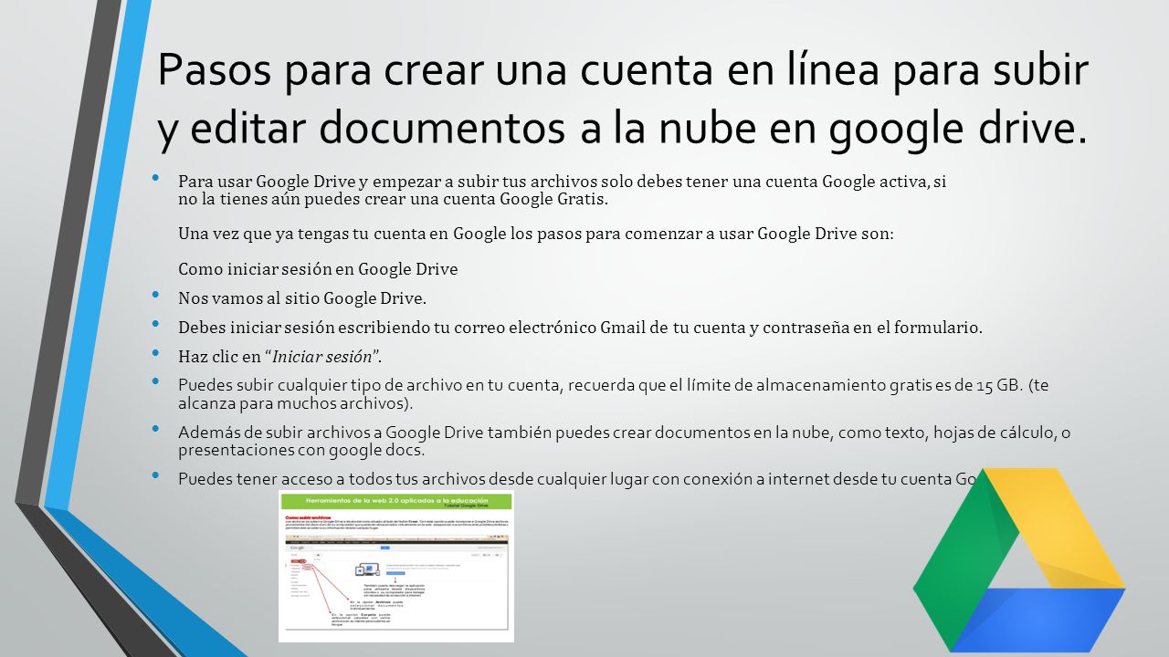 Pasos para crear una cuenta en línea para subir y editar documentos a la nube en google drive.