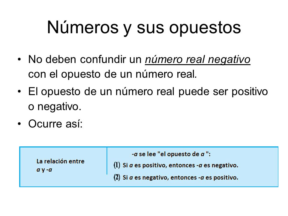 Números y sus opuestos No deben confundir un número real negativo con el opuesto de un número real.