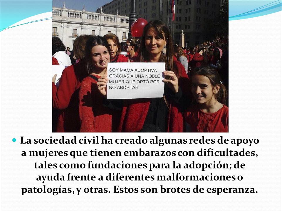 La sociedad civil ha creado algunas redes de apoyo a mujeres que tienen embarazos con dificultades, tales como fundaciones para la adopción; de ayuda frente a diferentes malformaciones o patologías, y otras.