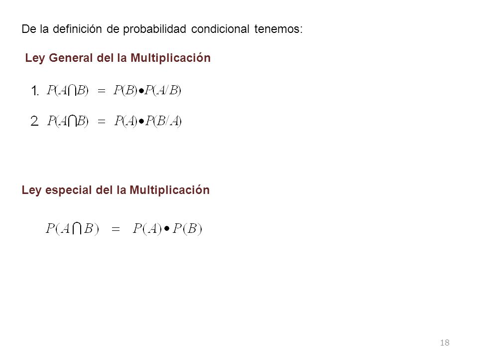 De la definición de probabilidad condicional tenemos: Ley General del la Multiplicación