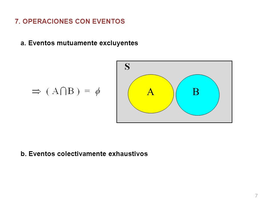 A B 7. OPERACIONES CON EVENTOS a. Eventos mutuamente excluyentes