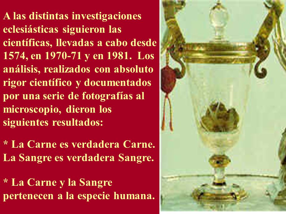 A las distintas investigaciones eclesiásticas siguieron las científicas, llevadas a cabo desde 1574, en y en Los análisis, realizados con absoluto rigor científico y documentados por una serie de fotografías al microscopio, dieron los siguientes resultados: