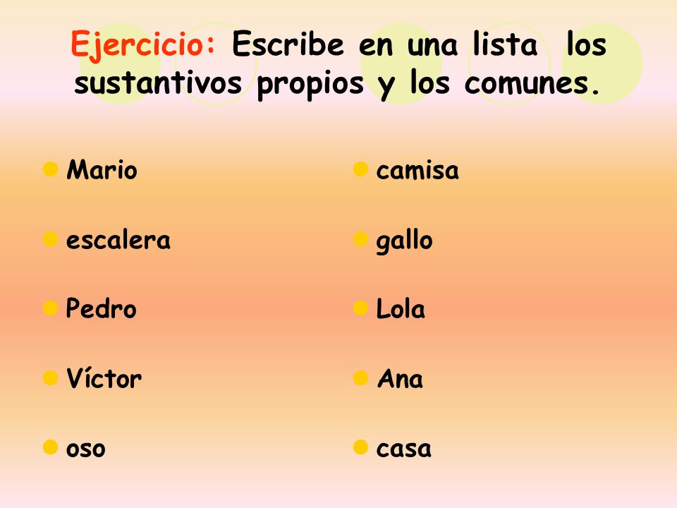 Ejercicio: Escribe en una lista los sustantivos propios y los comunes.