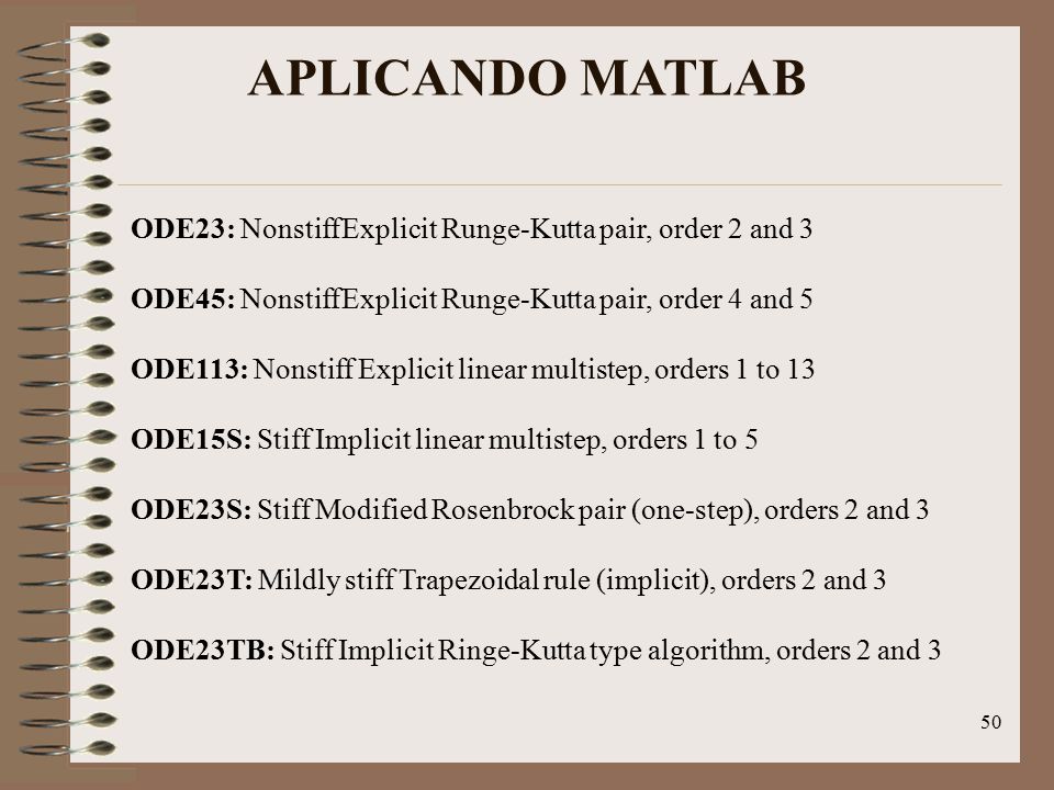 APLICANDO MATLAB ODE23: Nonstiff Explicit Runge-Kutta pair, order 2 and 3. ODE45: Nonstiff Explicit Runge-Kutta pair, order 4 and 5.