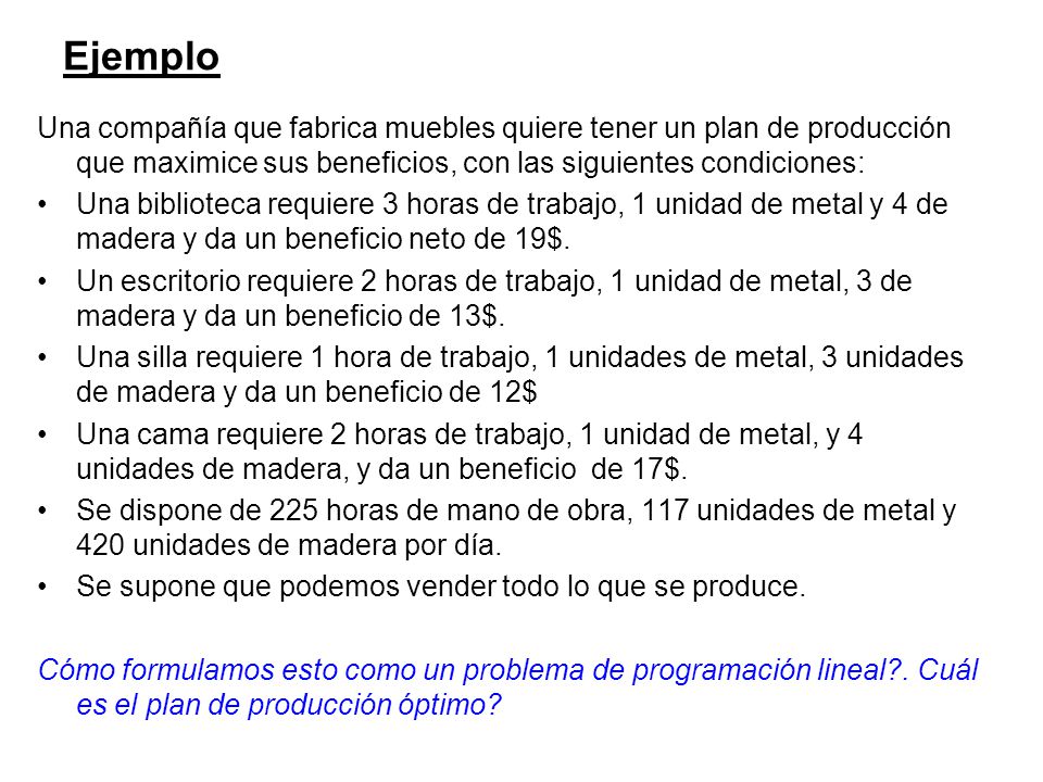 Ejemplo Una compañía que fabrica muebles quiere tener un plan de producción que maximice sus beneficios, con las siguientes condiciones:
