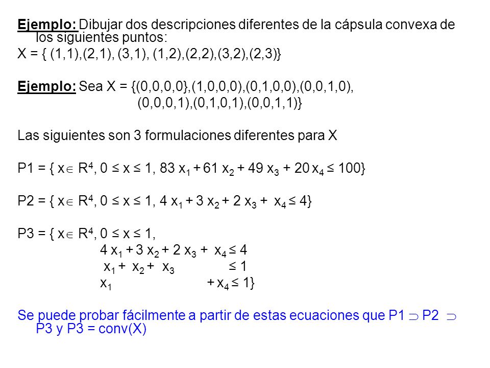 Ejemplo: Dibujar dos descripciones diferentes de la cápsula convexa de los siguientes puntos: