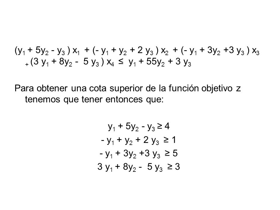 (y1 + 5y2 - y3 ) x1 + (- y1 + y2 + 2 y3 ) x2 + (- y1 + 3y2 +3 y3 ) x3 + (3 y1 + 8y2 - 5 y3 ) x4 ≤ y1 + 55y2 + 3 y3