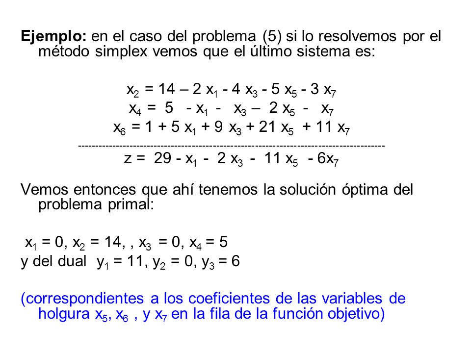 Ejemplo: en el caso del problema (5) si lo resolvemos por el método simplex vemos que el último sistema es: