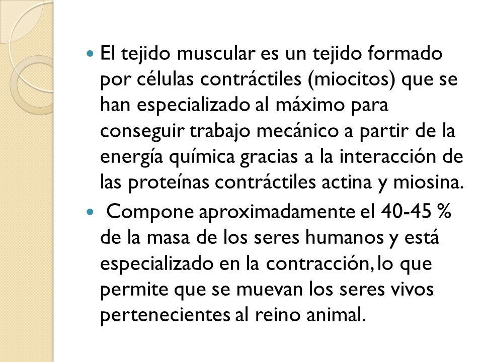 El tejido muscular es un tejido formado por células contráctiles (miocitos) que se han especializado al máximo para conseguir trabajo mecánico a partir de la energía química gracias a la interacción de las proteínas contráctiles actina y miosina.