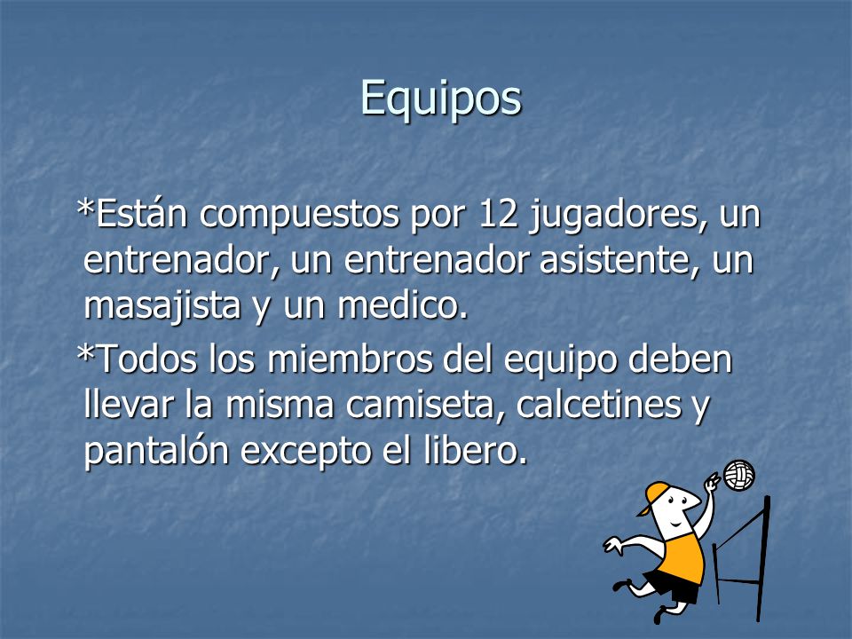 Equipos *Están compuestos por 12 jugadores, un entrenador, un entrenador asistente, un masajista y un medico.