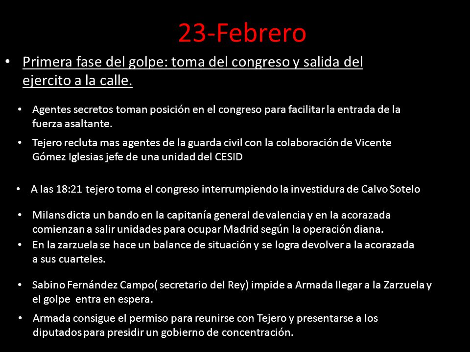 23-Febrero Primera fase del golpe: toma del congreso y salida del ejercito a la calle.