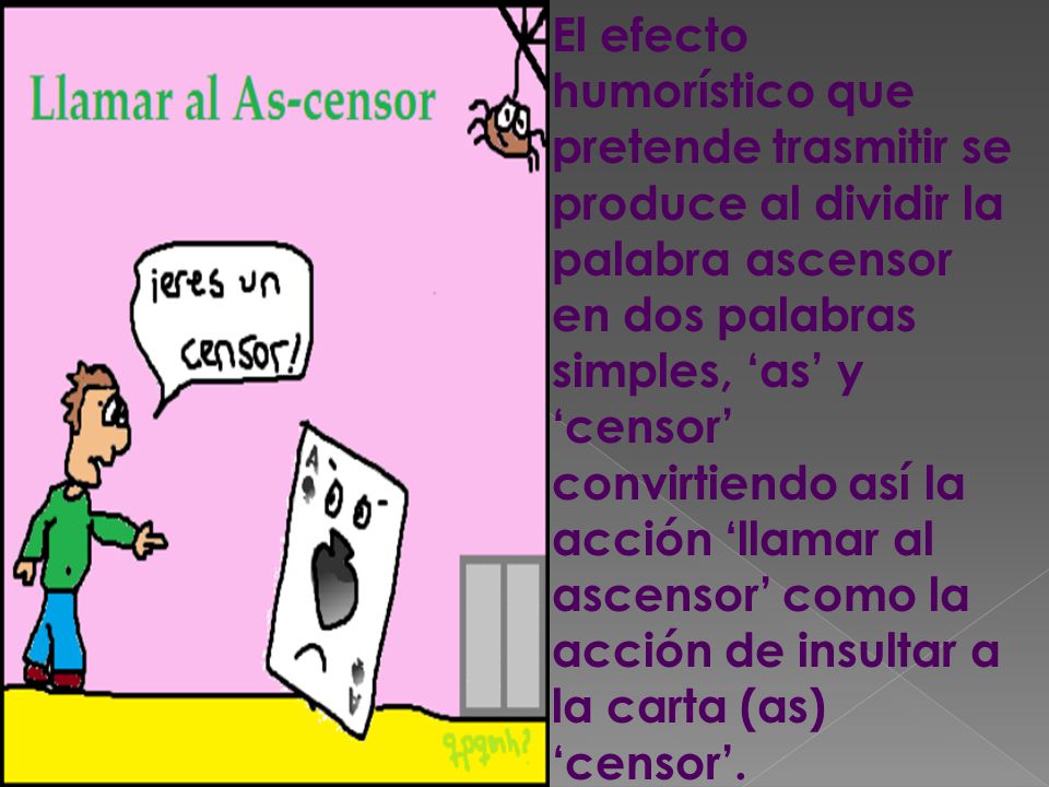 El efecto humorístico que pretende trasmitir se produce al dividir la palabra ascensor en dos palabras simples, ‘as’ y ‘censor’ convirtiendo así la acción ‘llamar al ascensor’ como la acción de insultar a la carta (as) ‘censor’.