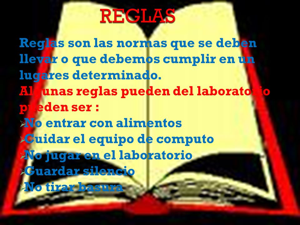 REGLAS Reglas son las normas que se deben llevar o que debemos cumplir en un lugares determinado. Algunas reglas pueden del laboratorio pueden ser :