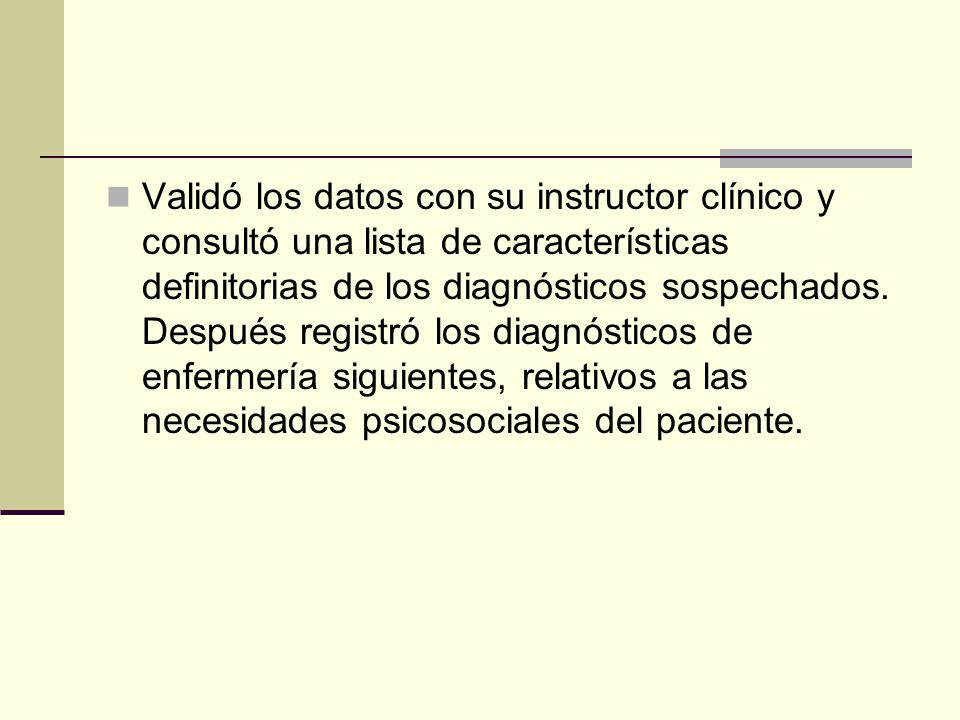 Validó los datos con su instructor clínico y consultó una lista de características definitorias de los diagnósticos sospechados.