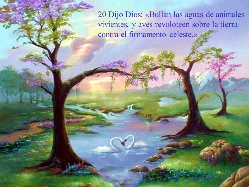 20 Dijo Dios: «Bullan las aguas de animales vivientes, y aves revoloteen sobre la tierra contra el firmamento celeste.»