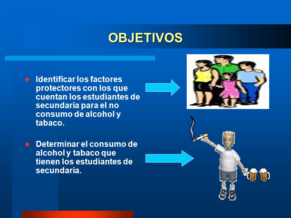 OBJETIVOS Identificar los factores protectores con los que cuentan los estudiantes de secundaria para el no consumo de alcohol y tabaco.