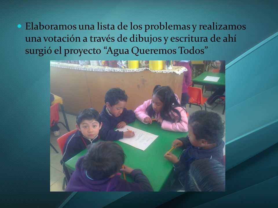Elaboramos una lista de los problemas y realizamos una votación a través de dibujos y escritura de ahí surgió el proyecto Agua Queremos Todos