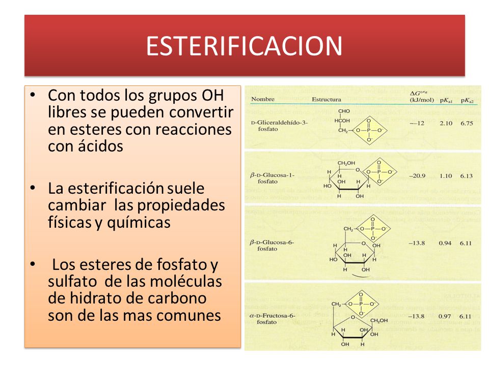 ESTERIFICACION Con todos los grupos OH libres se pueden convertir en esteres con reacciones con ácidos.