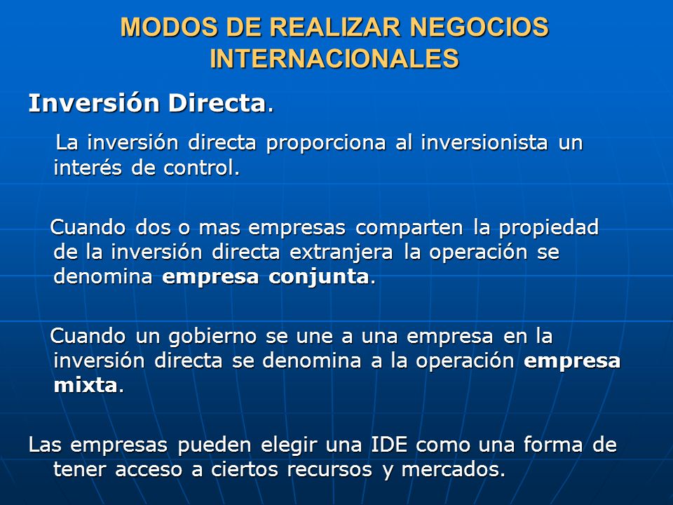 MODOS DE REALIZAR NEGOCIOS INTERNACIONALES