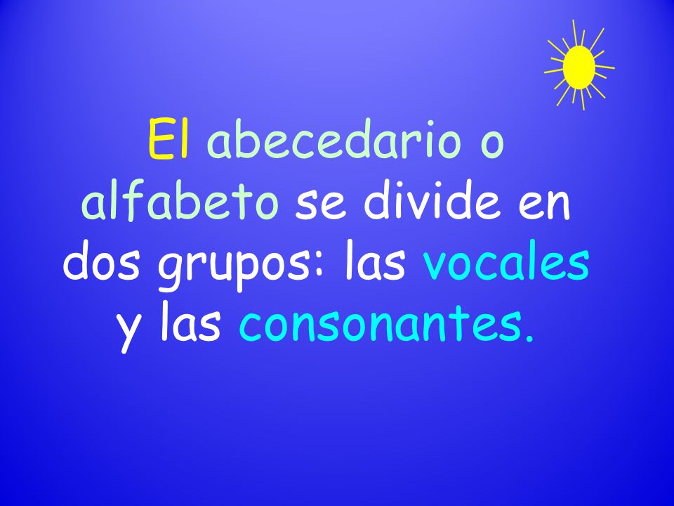 El abecedario o alfabeto se divide en dos grupos: las vocales y las consonantes.
