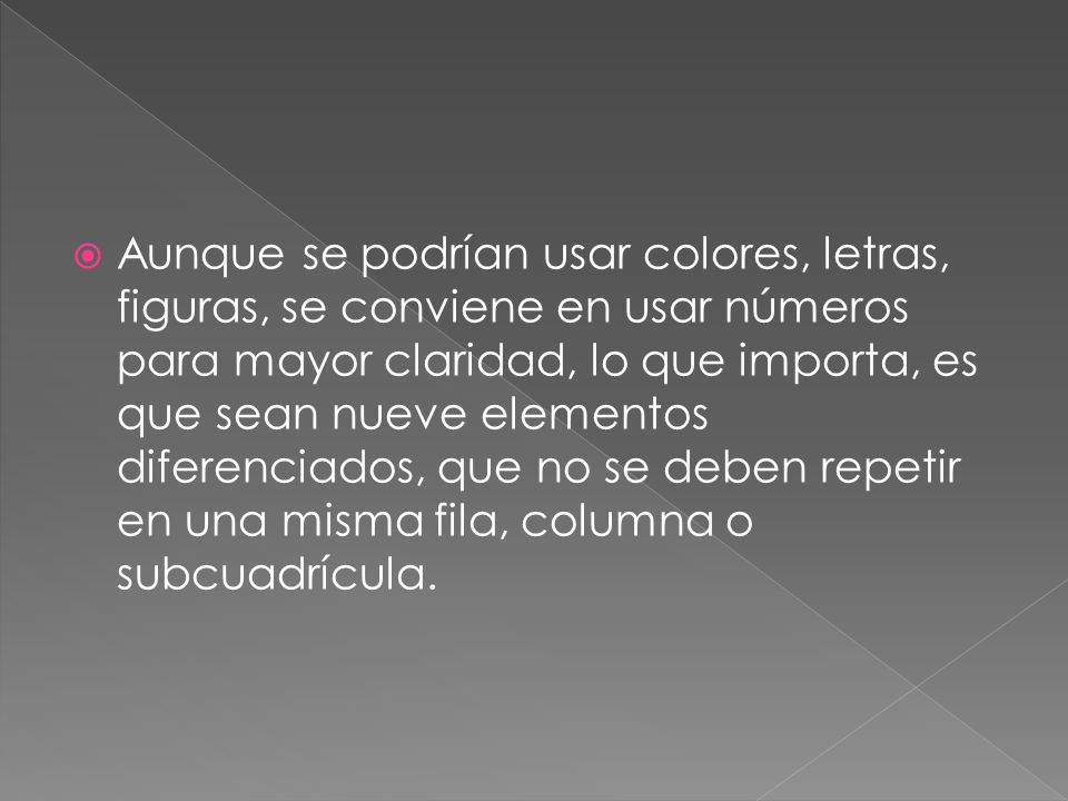 Aunque se podrían usar colores, letras, figuras, se conviene en usar números para mayor claridad, lo que importa, es que sean nueve elementos diferenciados, que no se deben repetir en una misma fila, columna o subcuadrícula.