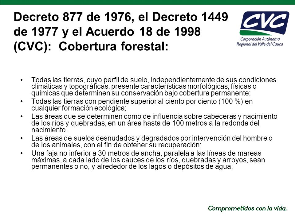 Decreto 877 de 1976, el Decreto 1449 de 1977 y el Acuerdo 18 de 1998 (CVC): Cobertura forestal: