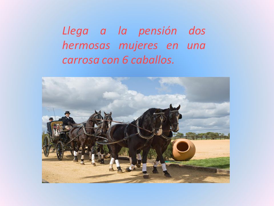 Llega a la pensión dos hermosas mujeres en una carrosa con 6 caballos.
