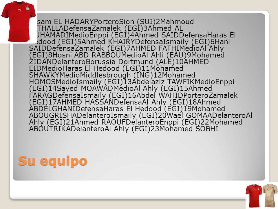 Essam EL HADARYPorteroSion (SUI)2Mahmoud FATHALLADefensaZamalek (EGI)3Ahmed AL MUHAMADIMedioEnppi (EGI)4Ahmed SAIDDefensaHaras El Hedood (EGI)5Ahmed KHAIRYDefensaIsmaily (EGI)6Hani SAIDDefensaZamalek (EGI)7AHMED FATHIMedioAl Ahly (EGI)8Hosni ABD RABBOUMedioAl Ahli (EAU)9Mohamed ZIDANDelanteroBorussia Dortmund (ALE)10AHMED EIDMedioHaras El Hedood (EGI)11Mohamed SHAWKYMedioMiddlesbrough (ING)12Mohamed HOMOSMedioIsmaily (EGI)13Abdelaziz TAWFIKMedioEnppi (EGI)14Sayed MOAWADMedioAl Ahly (EGI)15Ahmed FARAGDefensaIsmaily (EGI)16Abdel WAHIDPorteroZamalek (EGI)17AHMED HASSANDefensaAl Ahly (EGI)18Ahmed ABDELGHANIDefensaHaras El Hedood (EGI)19Mohamed ABOUGRISHADelanteroIsmaily (EGI)20Wael GOMAADelanteroAl Ahly (EGI)21Ahmed RAOUFDelanteroEnppi (EGI)22Mohamed ABOUTRIKADelanteroAl Ahly (EGI)23Mohamed SOBHI