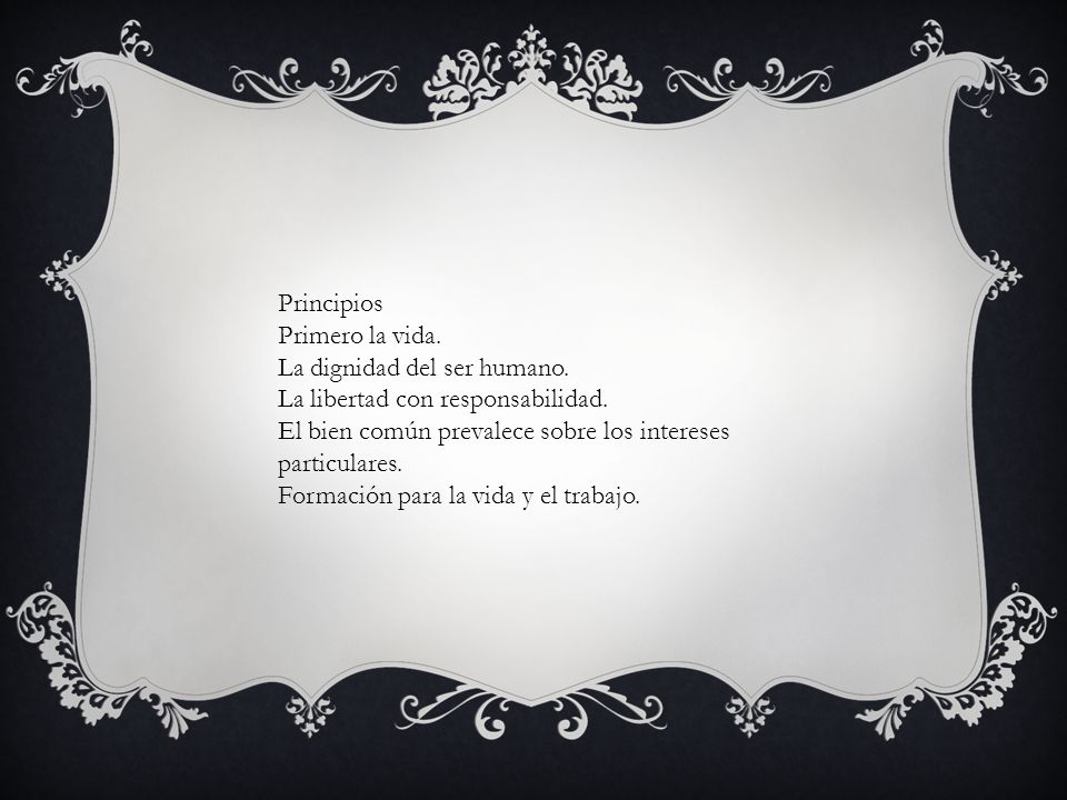 Principios Primero la vida. La dignidad del ser humano. La libertad con responsabilidad. El bien común prevalece sobre los intereses particulares.