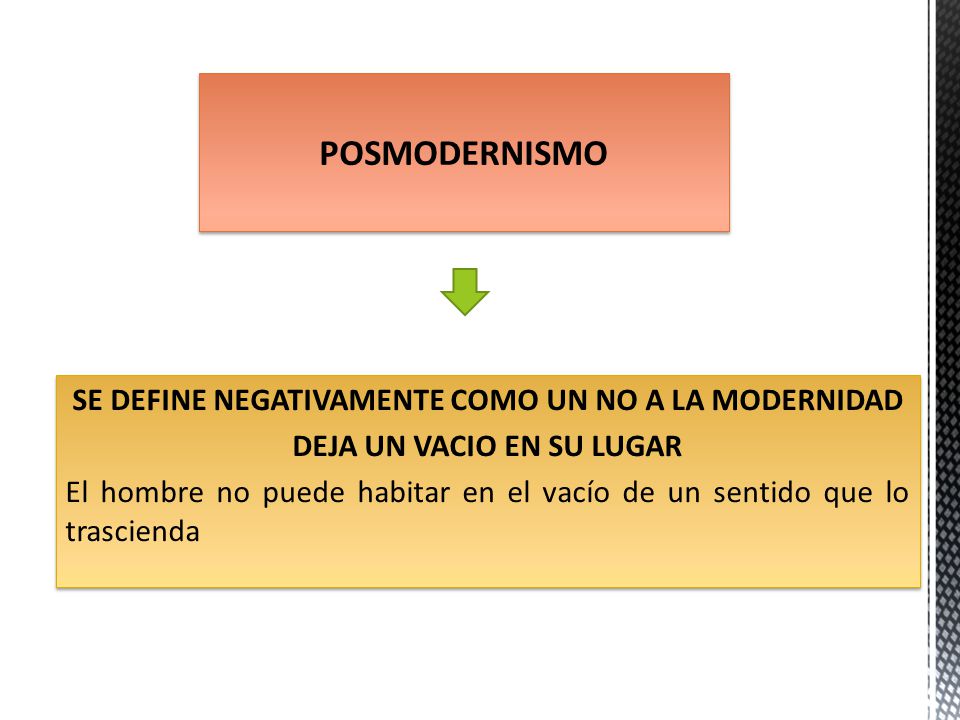 POSMODERNISMO SE DEFINE NEGATIVAMENTE COMO UN NO A LA MODERNIDAD