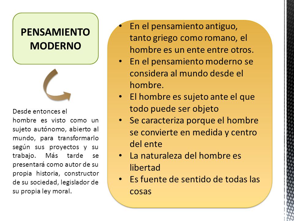PENSAMIENTO MODERNO En el pensamiento antiguo, tanto griego como romano, el hombre es un ente entre otros.