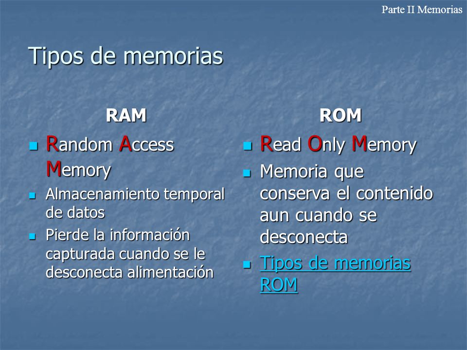 Tipos de memorias Random Access Memory Read Only Memory RAM ROM