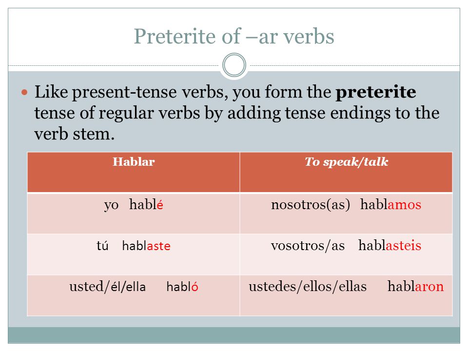 Preterite of –ar verbs Like present-tense verbs, you form the preterite tense of regular verbs by adding tense endings to the verb stem.