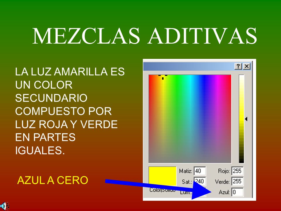 MEZCLAS ADITIVAS LA LUZ AMARILLA ES UN COLOR SECUNDARIO COMPUESTO POR LUZ ROJA Y VERDE EN PARTES IGUALES.