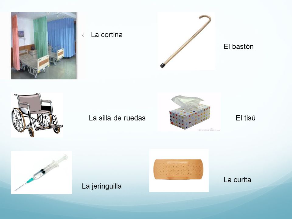 ← La cortina El bastón La silla de ruedas El tisú La curita La jeringuilla