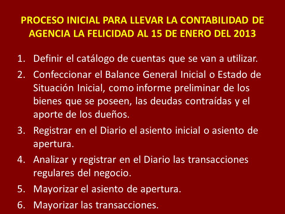 PROCESO INICIAL PARA LLEVAR LA CONTABILIDAD DE AGENCIA LA FELICIDAD AL 15 DE ENERO DEL 2013