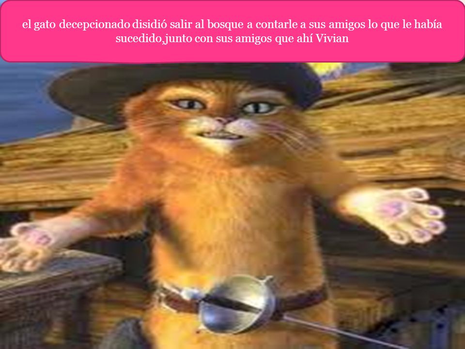 el gato decepcionado disidió salir al bosque a contarle a sus amigos lo que le había sucedido,junto con sus amigos que ahí Vivian