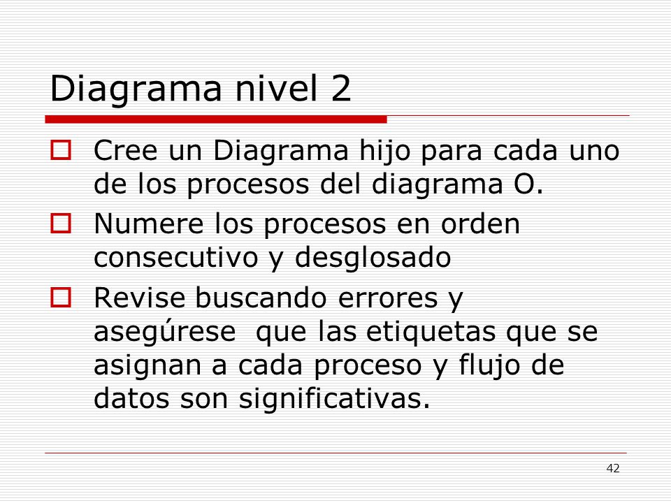 Diagrama nivel 2 Cree un Diagrama hijo para cada uno de los procesos del diagrama O. Numere los procesos en orden consecutivo y desglosado.