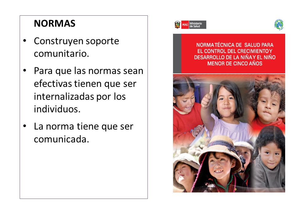 NORMAS Construyen soporte comunitario. Para que las normas sean efectivas tienen que ser internalizadas por los individuos.