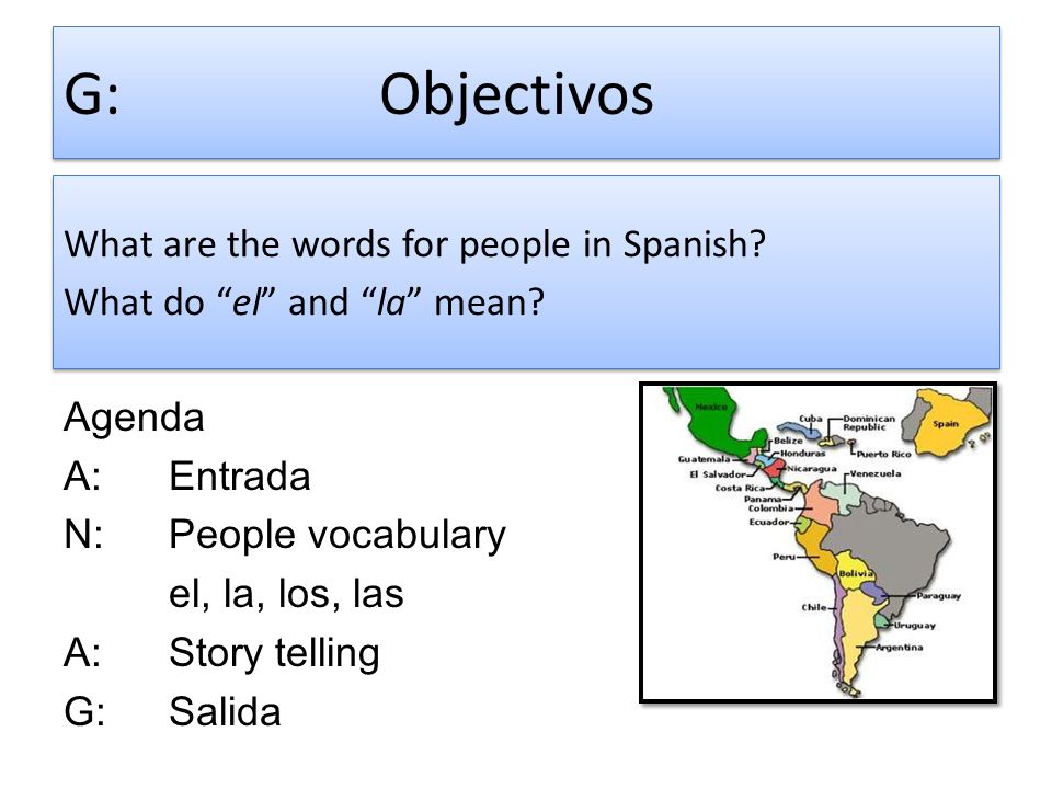 G: Objectivos What are the words for people in Spanish What do el and la mean Agenda. A: Entrada.