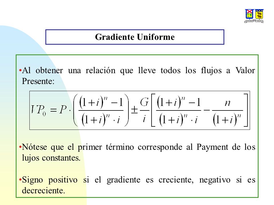 Gradiente Uniforme Al obtener una relación que lleve todos los flujos a Valor Presente: