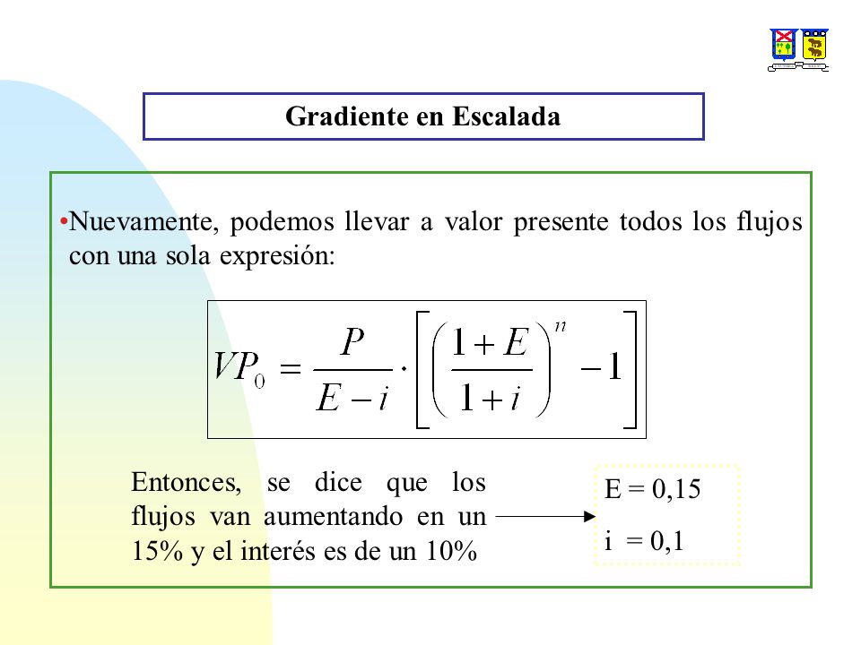 Gradiente en Escalada Nuevamente, podemos llevar a valor presente todos los flujos con una sola expresión: