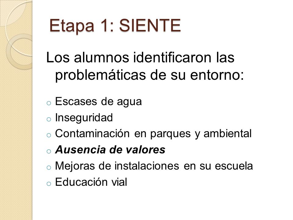 Etapa 1: SIENTE Los alumnos identificaron las problemáticas de su entorno: Escases de agua. Inseguridad.