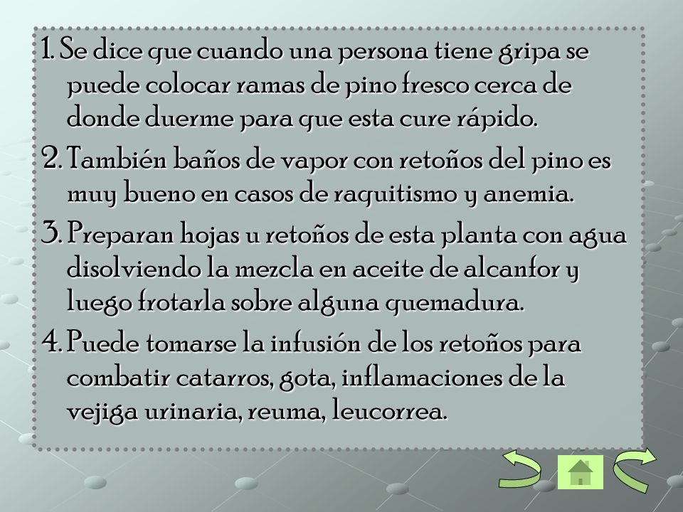 1. Se dice que cuando una persona tiene gripa se puede colocar ramas de pino fresco cerca de donde duerme para que esta cure rápido.