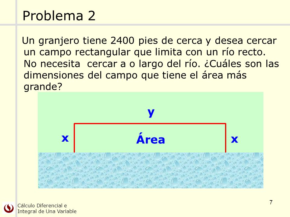 Problema 2 Un granjero tiene 2400 pies de cerca y desea cercar. un campo rectangular que limita con un río recto.