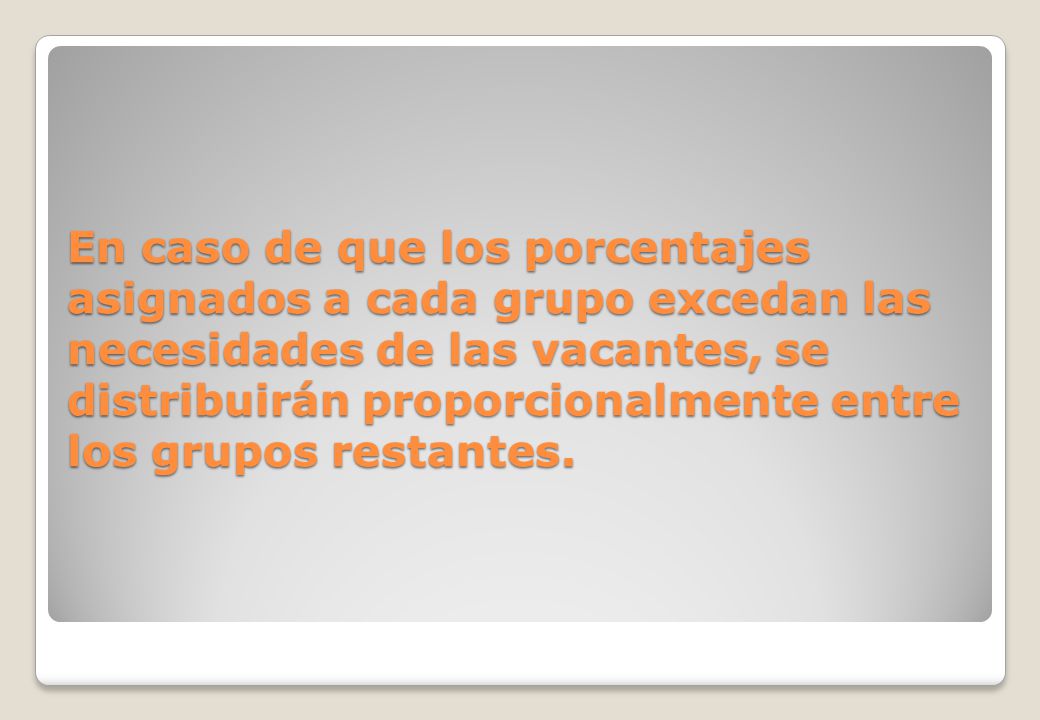 En caso de que los porcentajes asignados a cada grupo excedan las necesidades de las vacantes, se distribuirán proporcionalmente entre los grupos restantes.