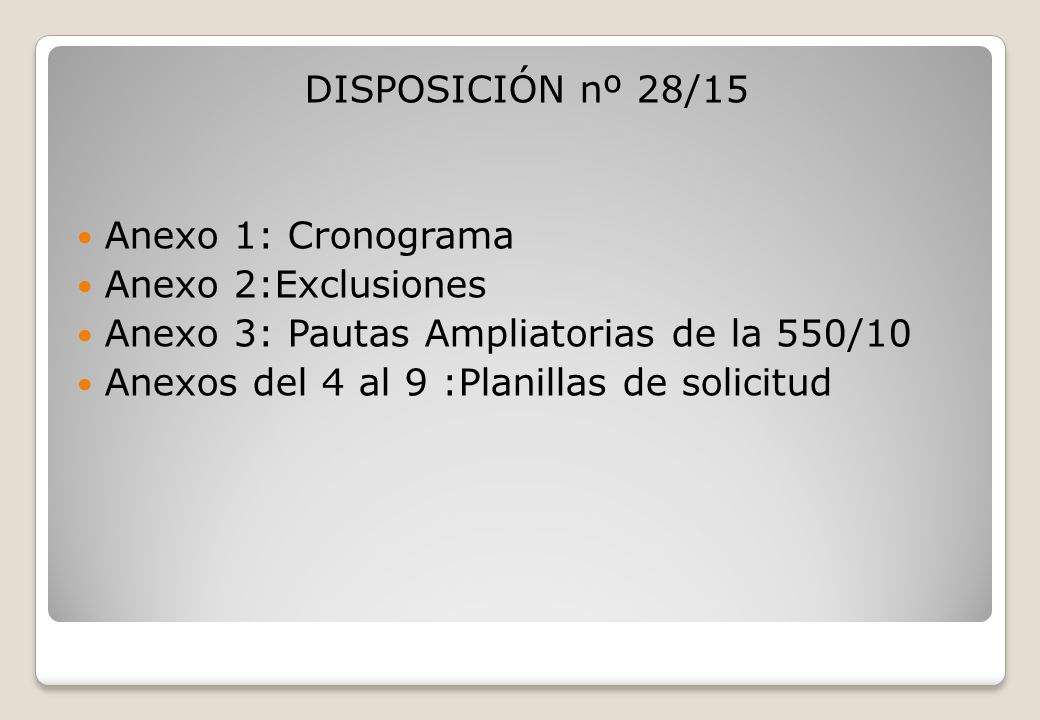 DISPOSICIÓN nº 28/15 Anexo 1: Cronograma. Anexo 2:Exclusiones. Anexo 3: Pautas Ampliatorias de la 550/10.