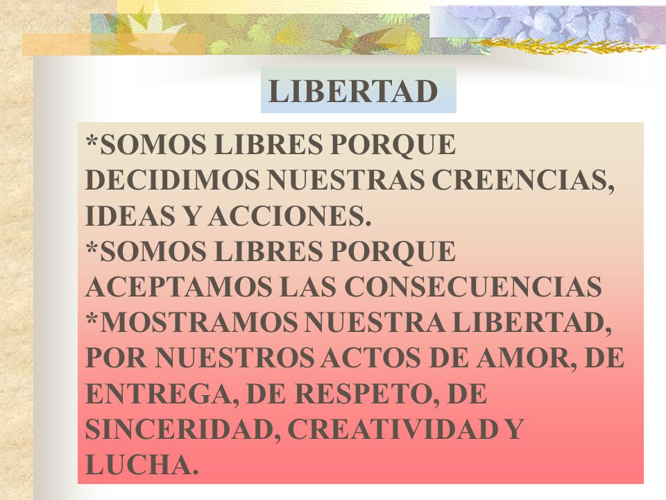 LIBERTAD *SOMOS LIBRES PORQUE DECIDIMOS NUESTRAS CREENCIAS, IDEAS Y ACCIONES. *SOMOS LIBRES PORQUE ACEPTAMOS LAS CONSECUENCIAS.