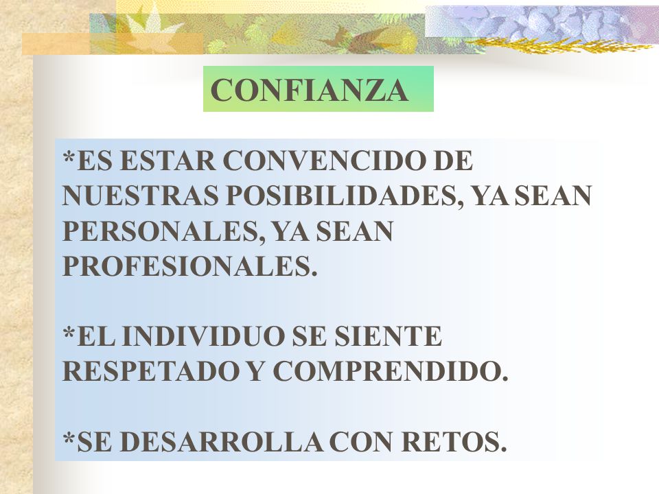 CONFIANZA *ES ESTAR CONVENCIDO DE NUESTRAS POSIBILIDADES, YA SEAN PERSONALES, YA SEAN PROFESIONALES.