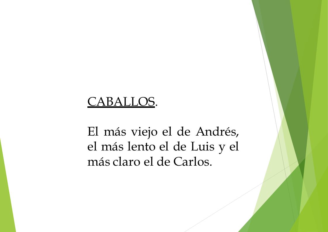 CABALLOS. El más viejo el de Andrés, el más lento el de Luis y el más claro el de Carlos.